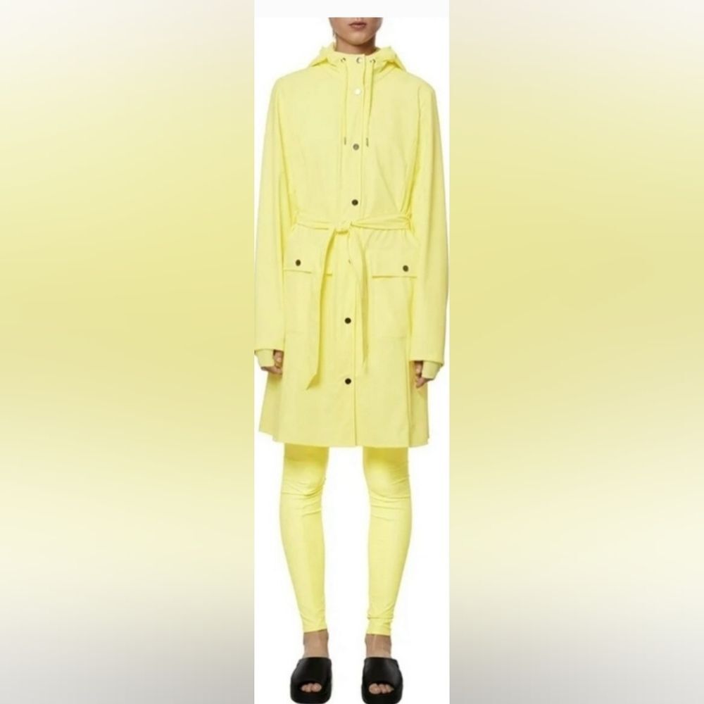 Rains Belted Hooded Curve Long Rain Coat | Women's Large Straw Yellow